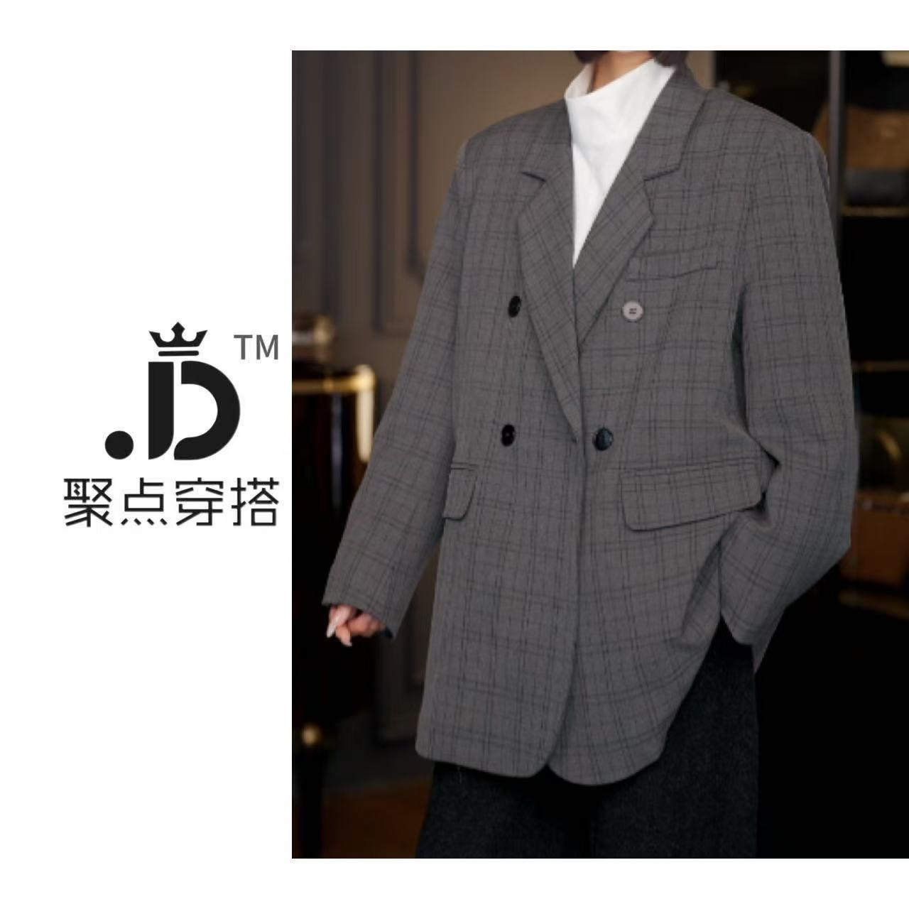 JUDIAN-2025秋冬羽绒服格纹休闲双排扣西装8jd00501