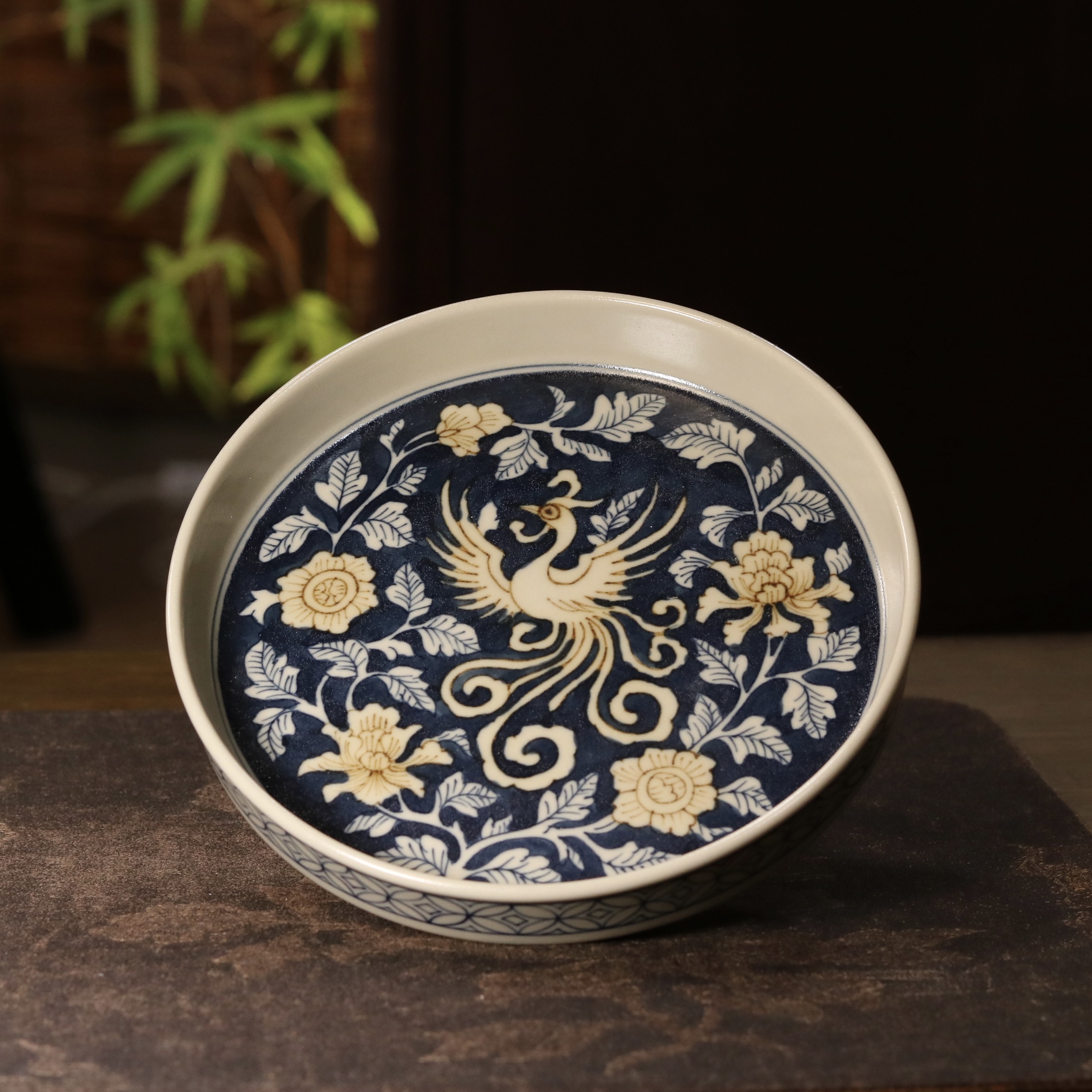 雨溪山房 景德镇手绘青花釉里金太阳鸟凤凰壶承  yx011