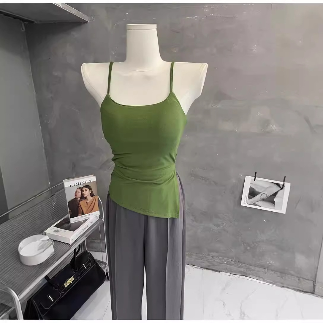 辣妹风长款吊带背心女带胸垫紧身不规则开叉外穿上衣修身