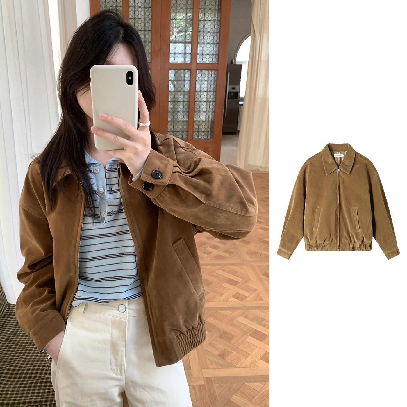 Manman #1334自制早秋复古做旧柔软麂皮绒翻领休闲夹克外套