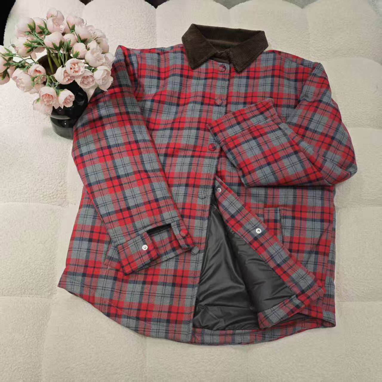 （非市场版）51209时尚红格子棉服拼接色棉服冬季保暖格纹外套