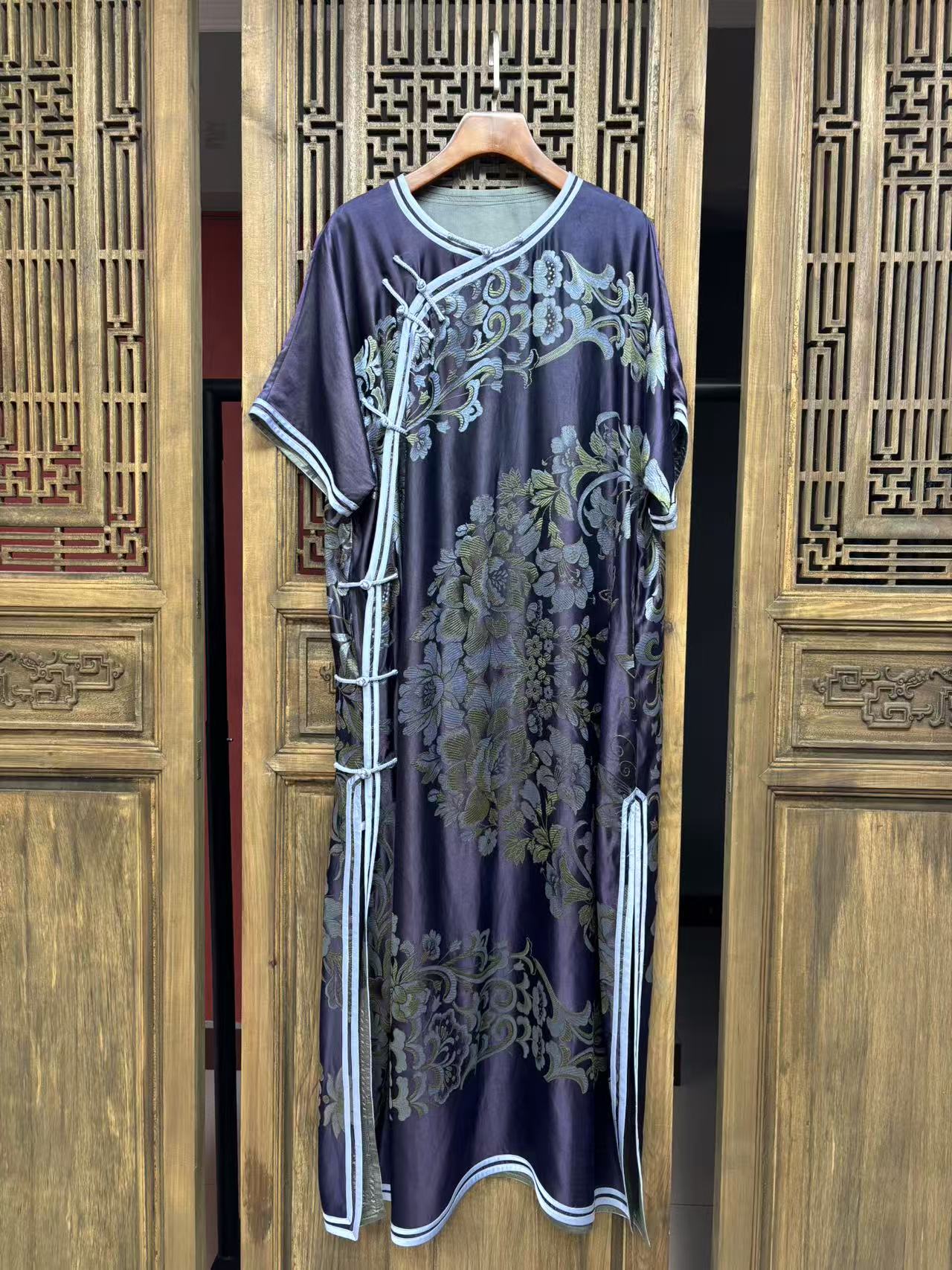 云喜原创老缎斜襟单层精工双卡边长袍11