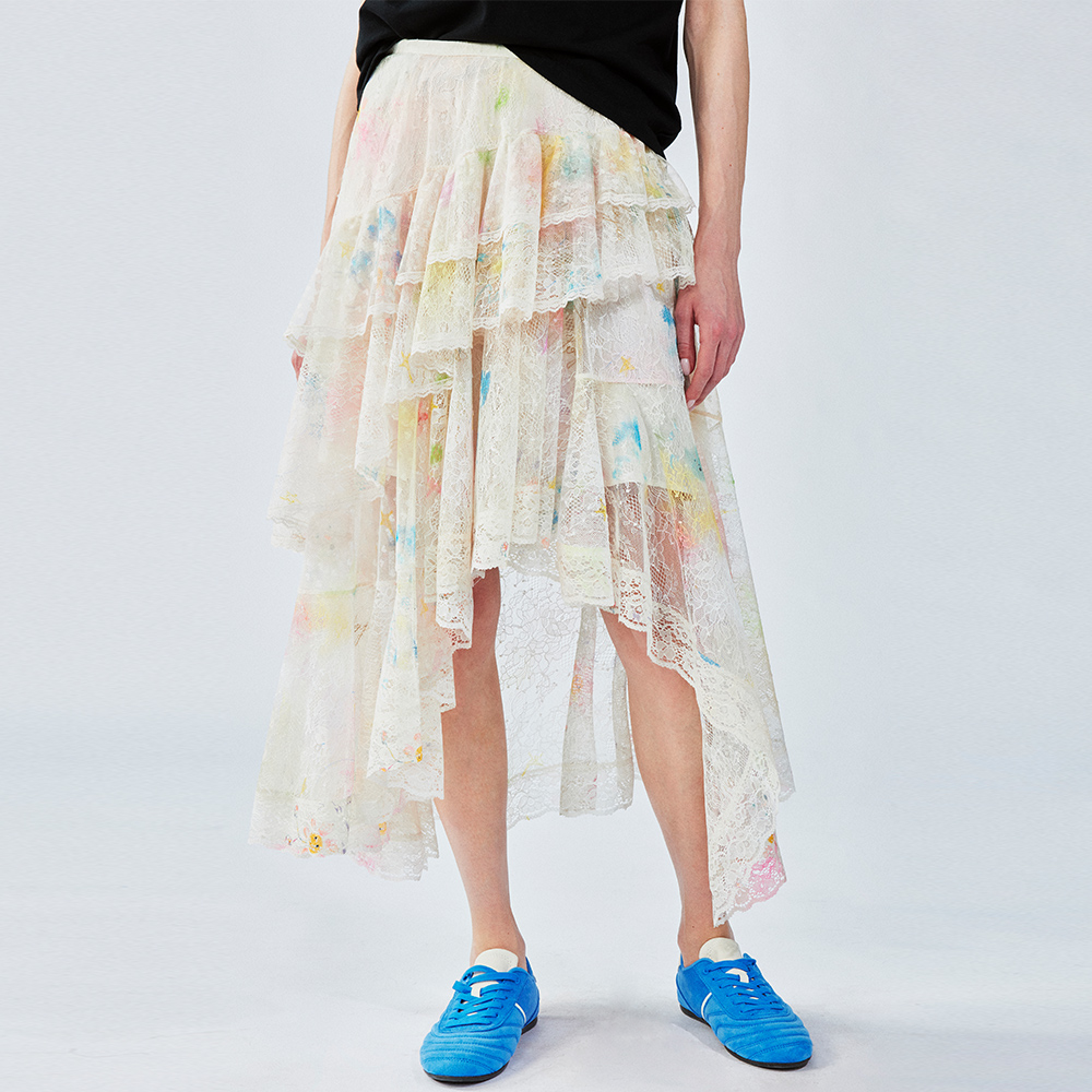 UOOYAA/乌丫2025夏季新款「白日梦」梦幻涂鸦蕾丝蛋糕半裙9183