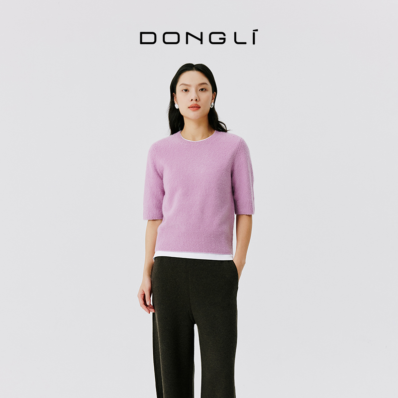 东黎 山羊绒 女士冬季混纺圈圈纱圆领短袖简约百搭短款纯色4852