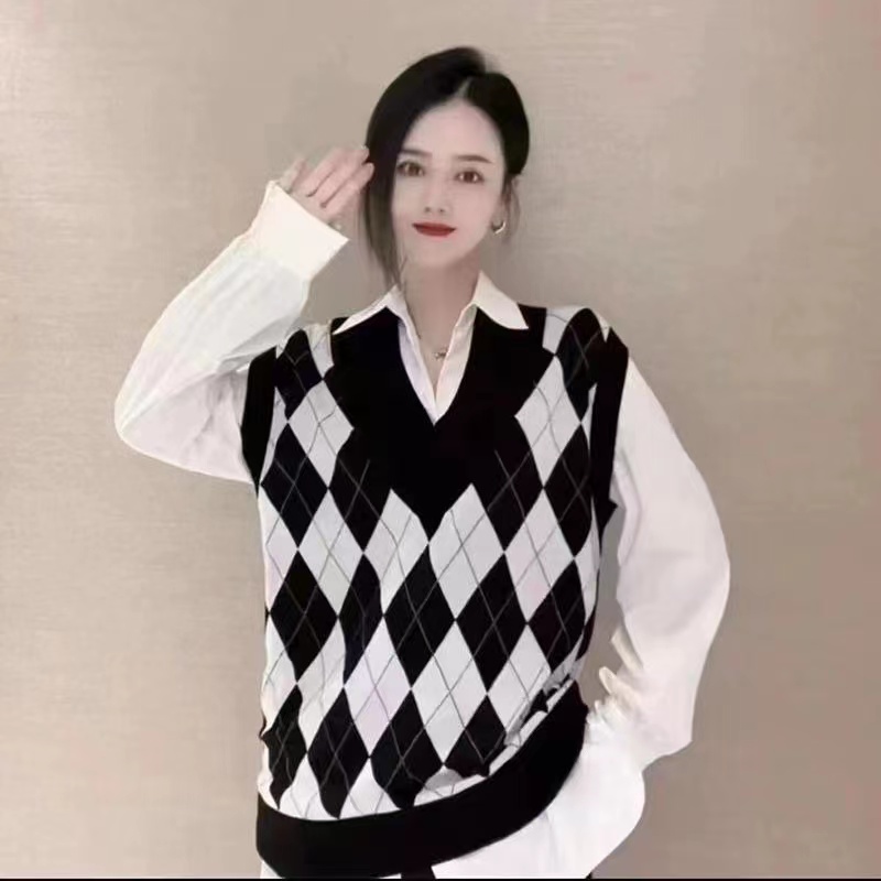 【商场同款】菱格马甲V领洋气无袖百搭时尚复古保暖针织背心5399664