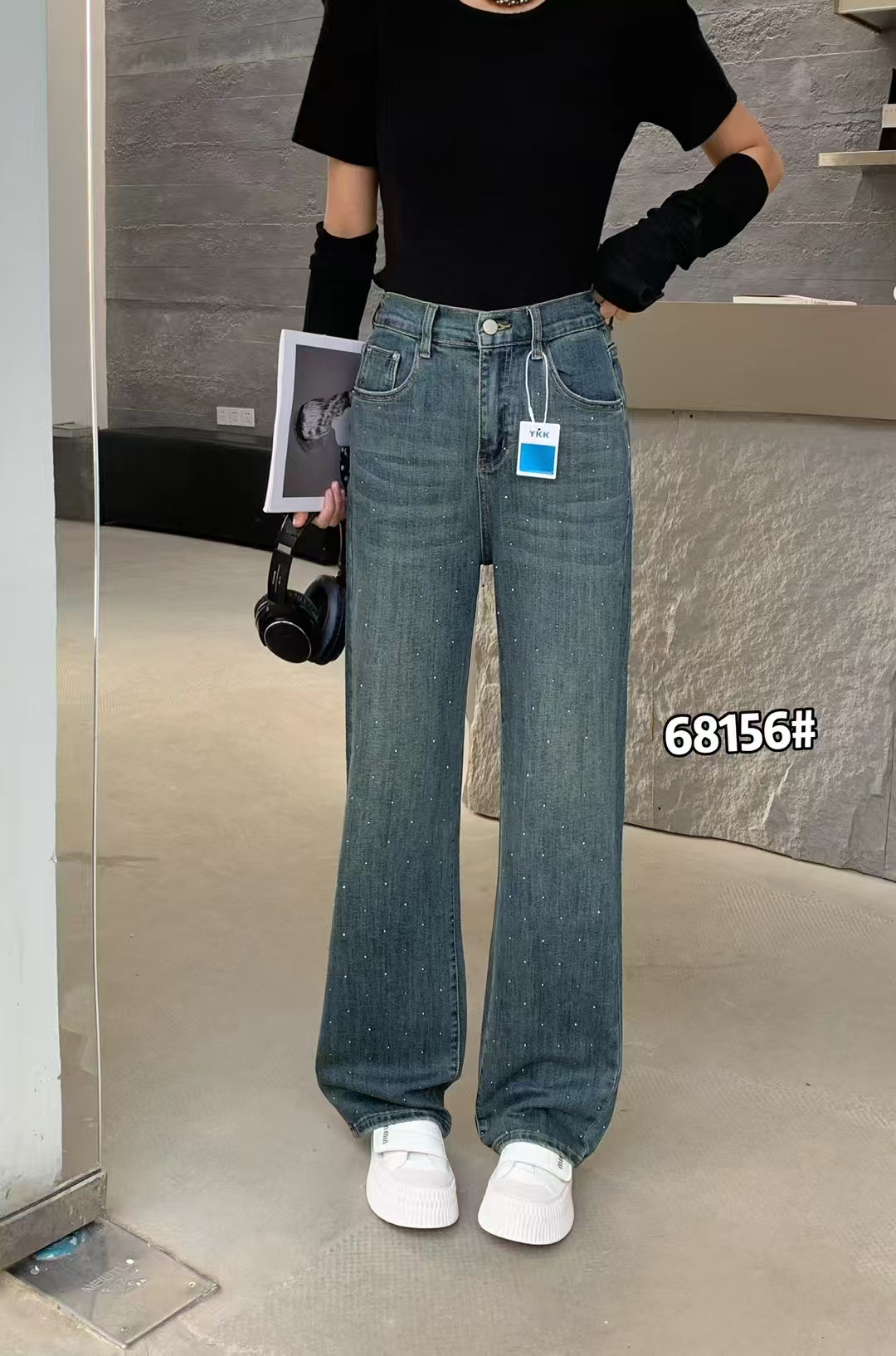 2025春季新款大码窄版直筒阔腿拖地裤牛仔裤高腰高弹时尚显瘦156
