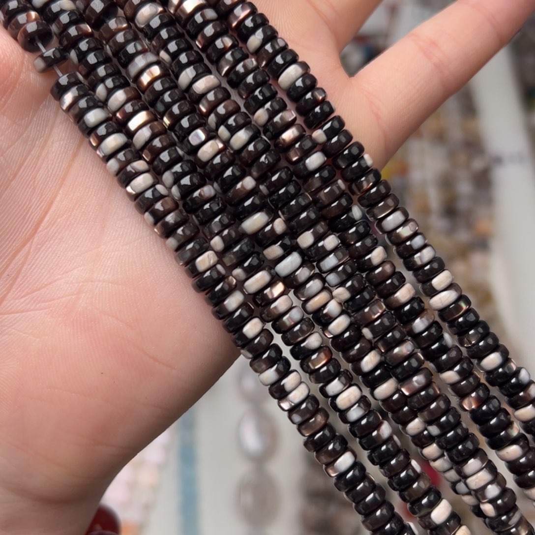 玛瑙/玉髓合金珠宝半成品L591。6mm天然黑金贝算盘珠一条