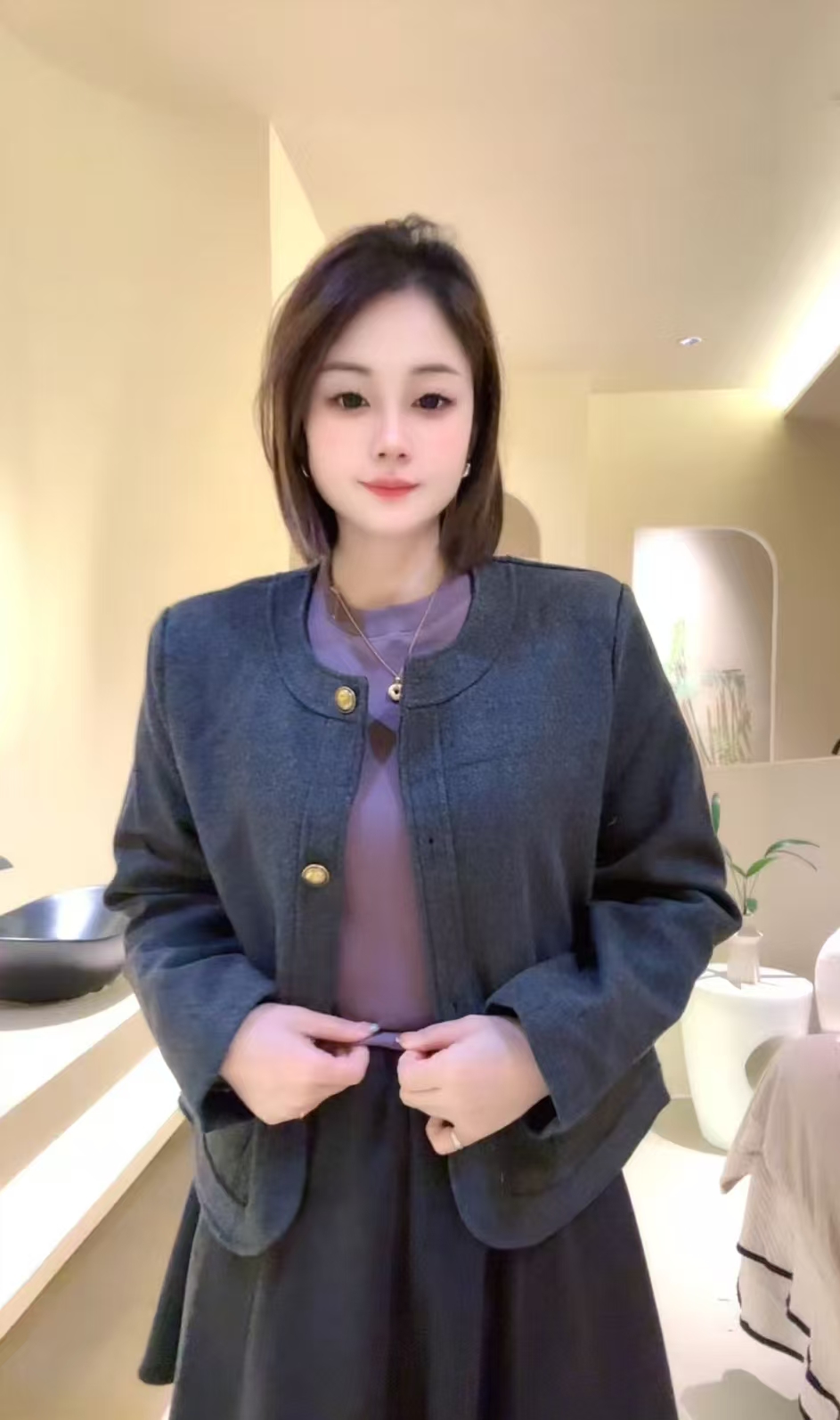 滨莉家【9858】时尚百搭显瘦简约气质圆领小香外套