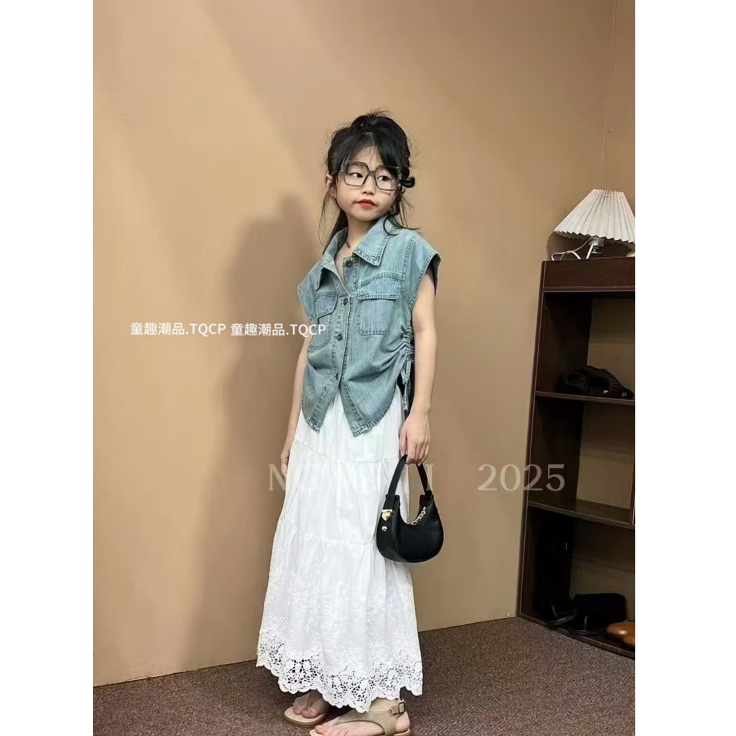 韩版女童装儿童夏季时髦休闲百搭牛仔衬衫上衣宝宝短款背心马甲