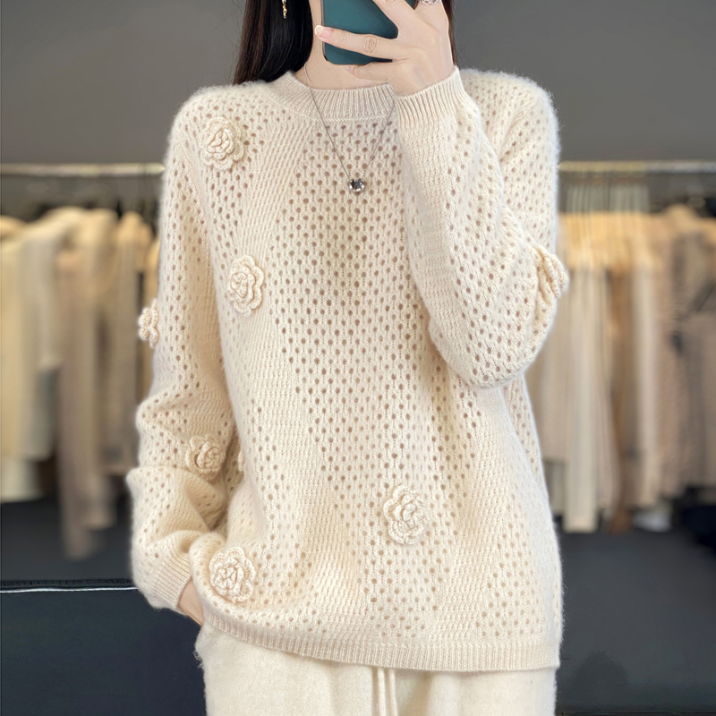 秋冬新款加厚手工立体钩花镂空圆领羊绒针织衫韩版洋气内搭
