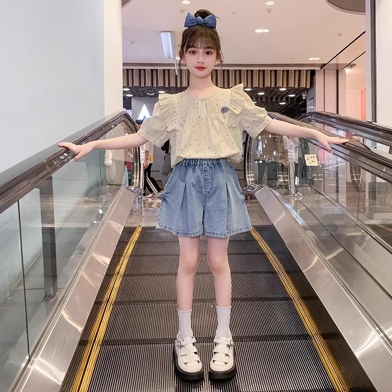 女童套装夏季2025新款儿童洋气圆点衬衫网红中女宝宝洋气套装夏