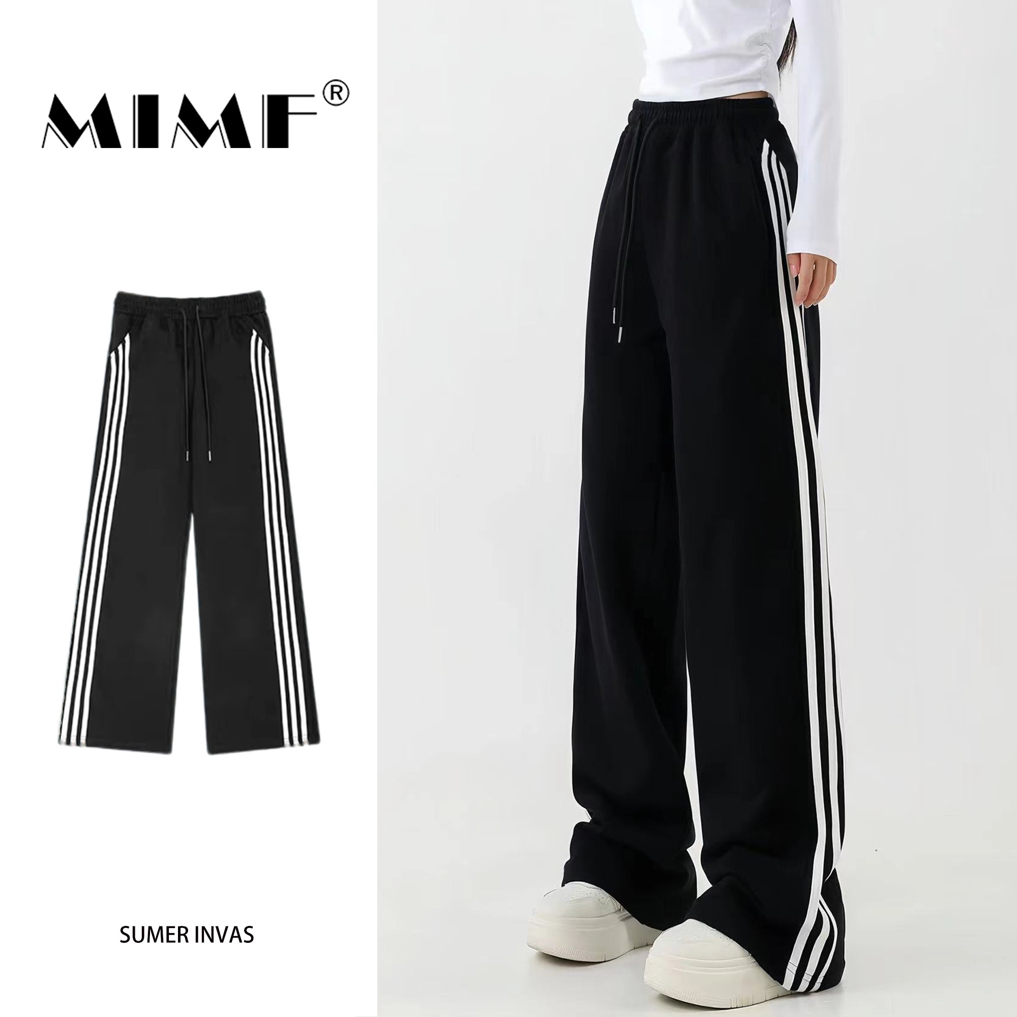 2024新款美式三条杠女男满天星慵懒松弛休闲侧条纹阔腿运动裤