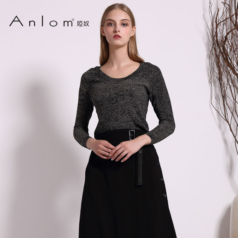 Anlom/娅奴秋季新款时尚圆领修身桑蚕丝打底针织衫女上衣休闲套头