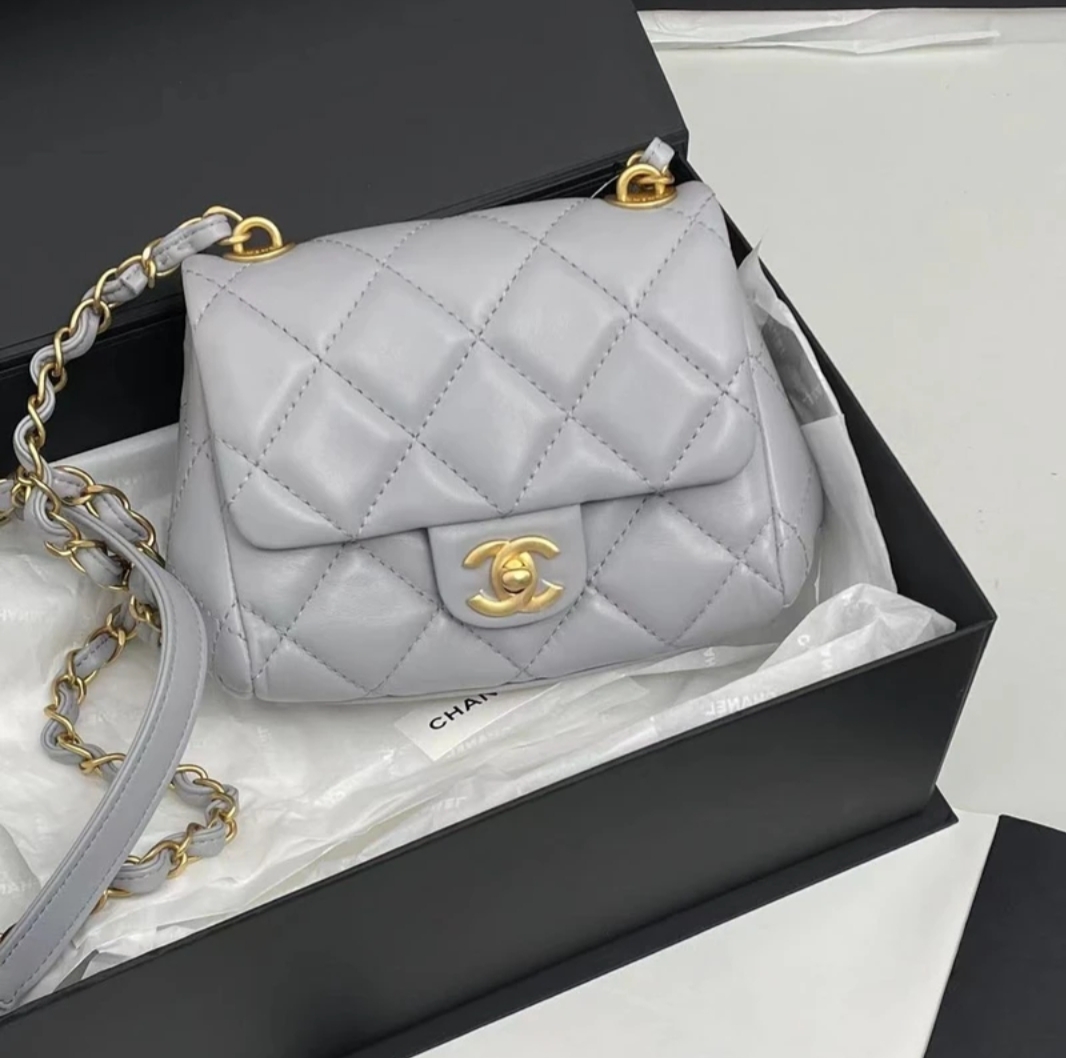 99新 Chanel/香奈儿 23b浅灰金cf方胖子单肩包/je42
