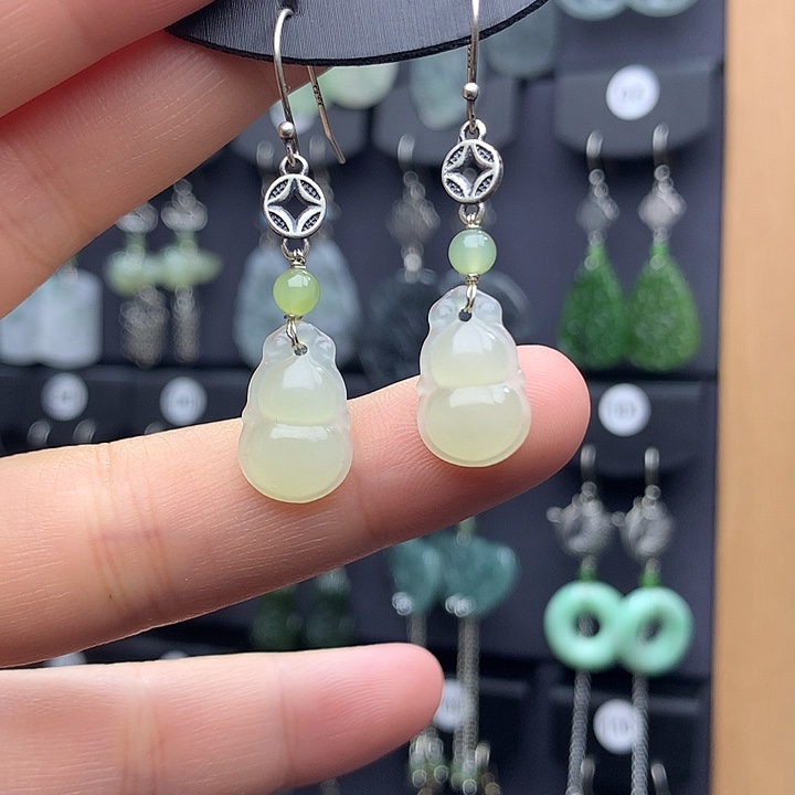 和田玉耳饰银S925镶嵌