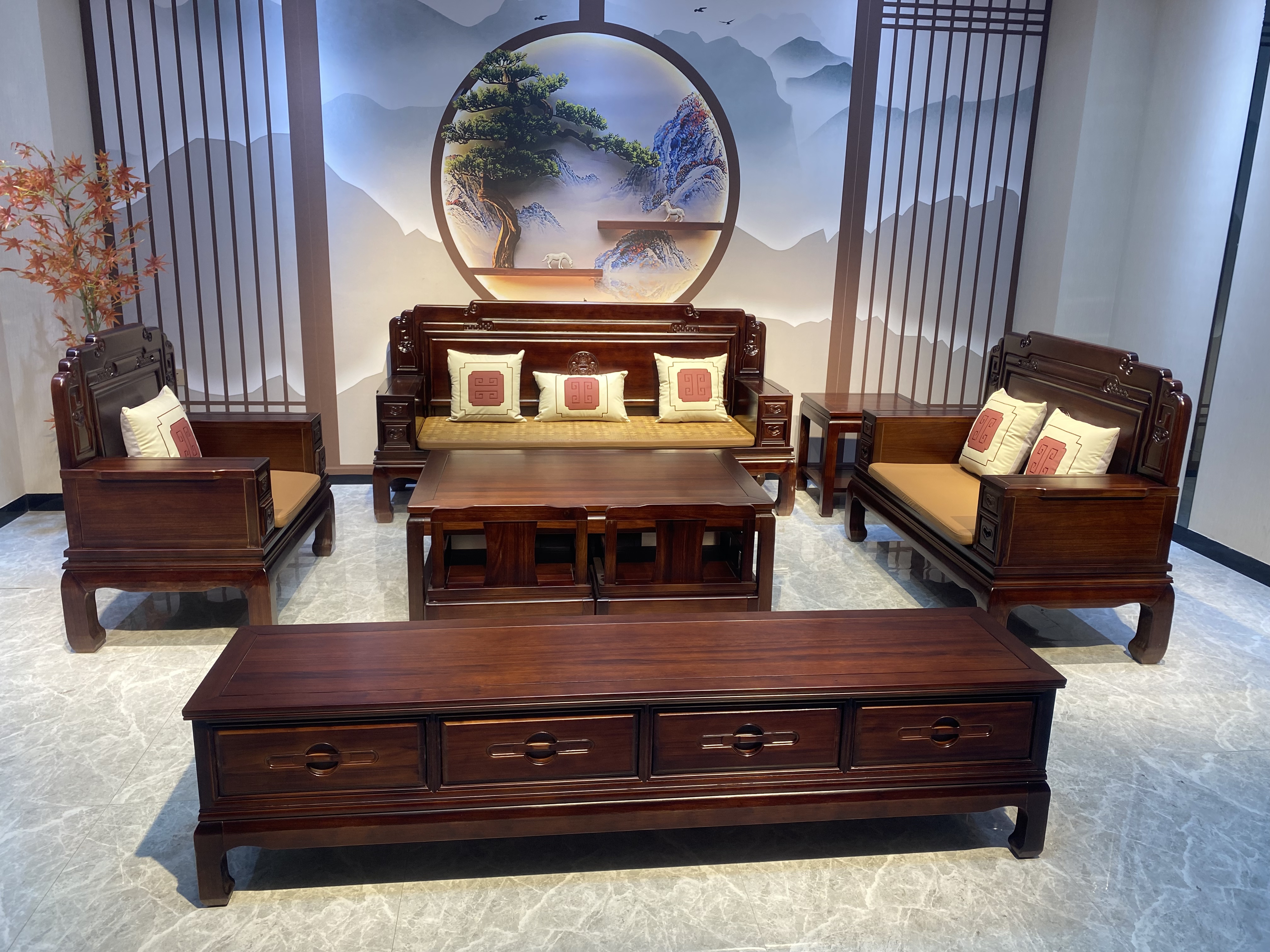 新古典乌金木家具三人位大户型实木沙发小户型乌金木沙发古典