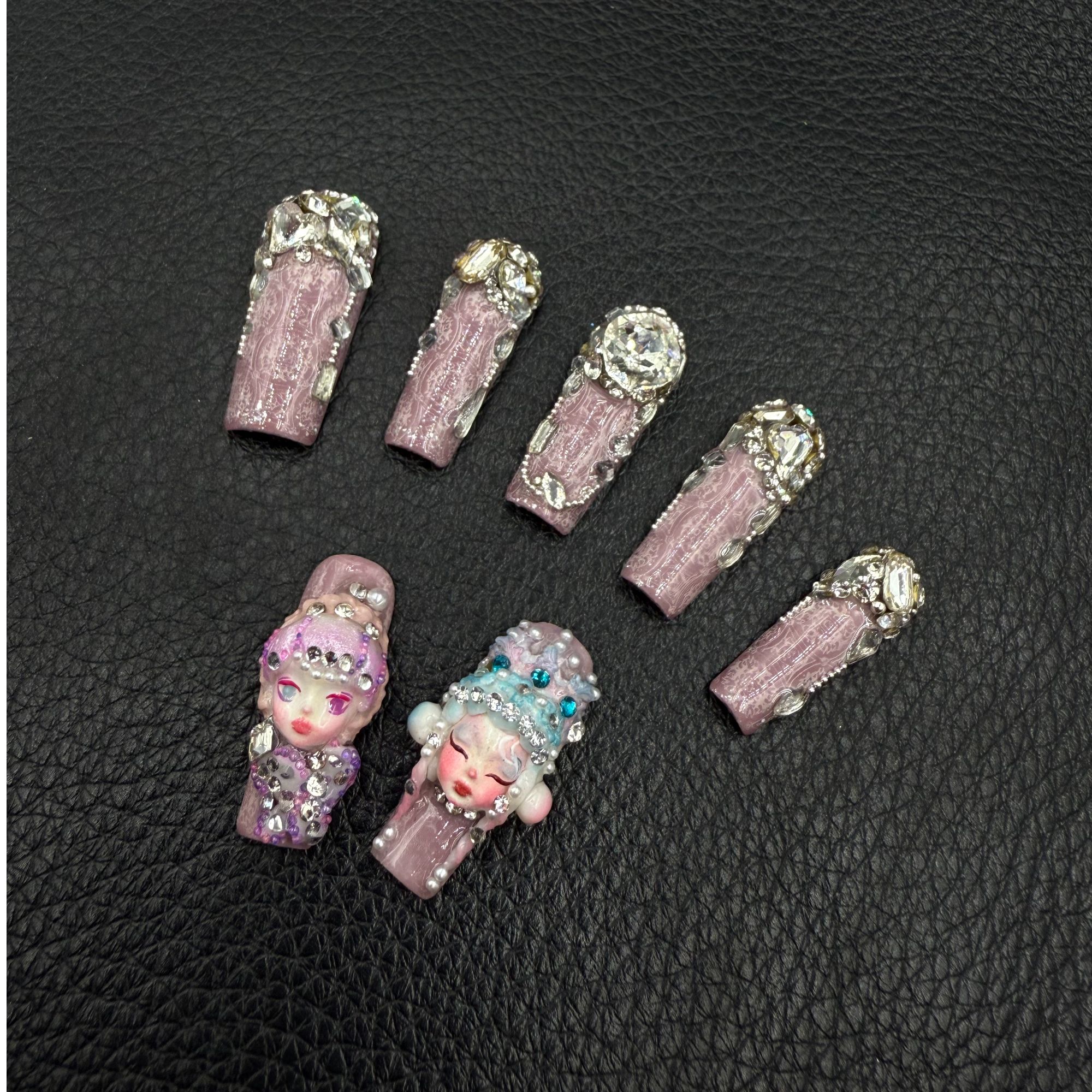 安夏 月下雾纱12片 纯手工穿戴甲贴片重工设计私定娃娃款