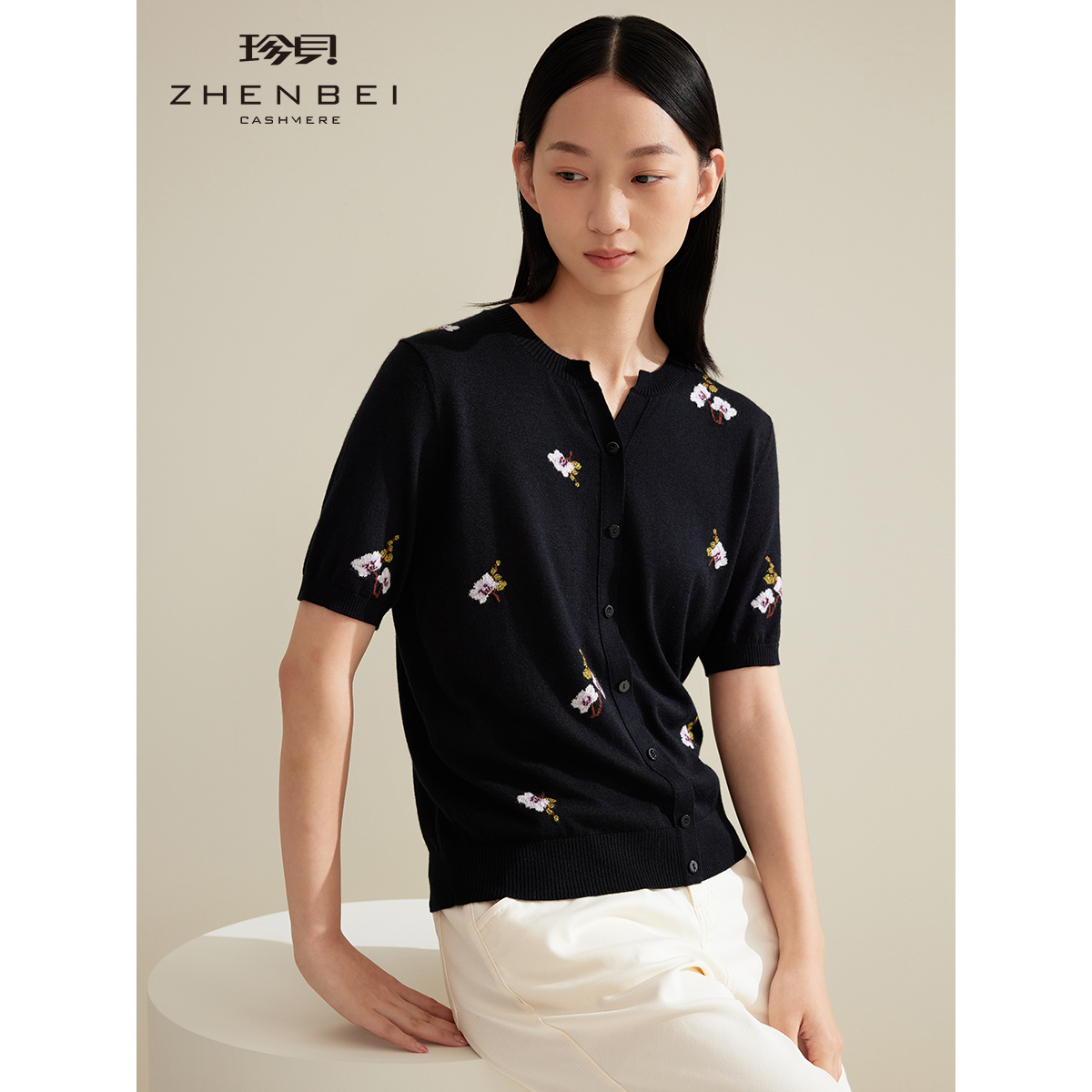 ZB/珍贝2024秋季新款羊绒衫V领嵌花短袖女针织套头衫薄36793