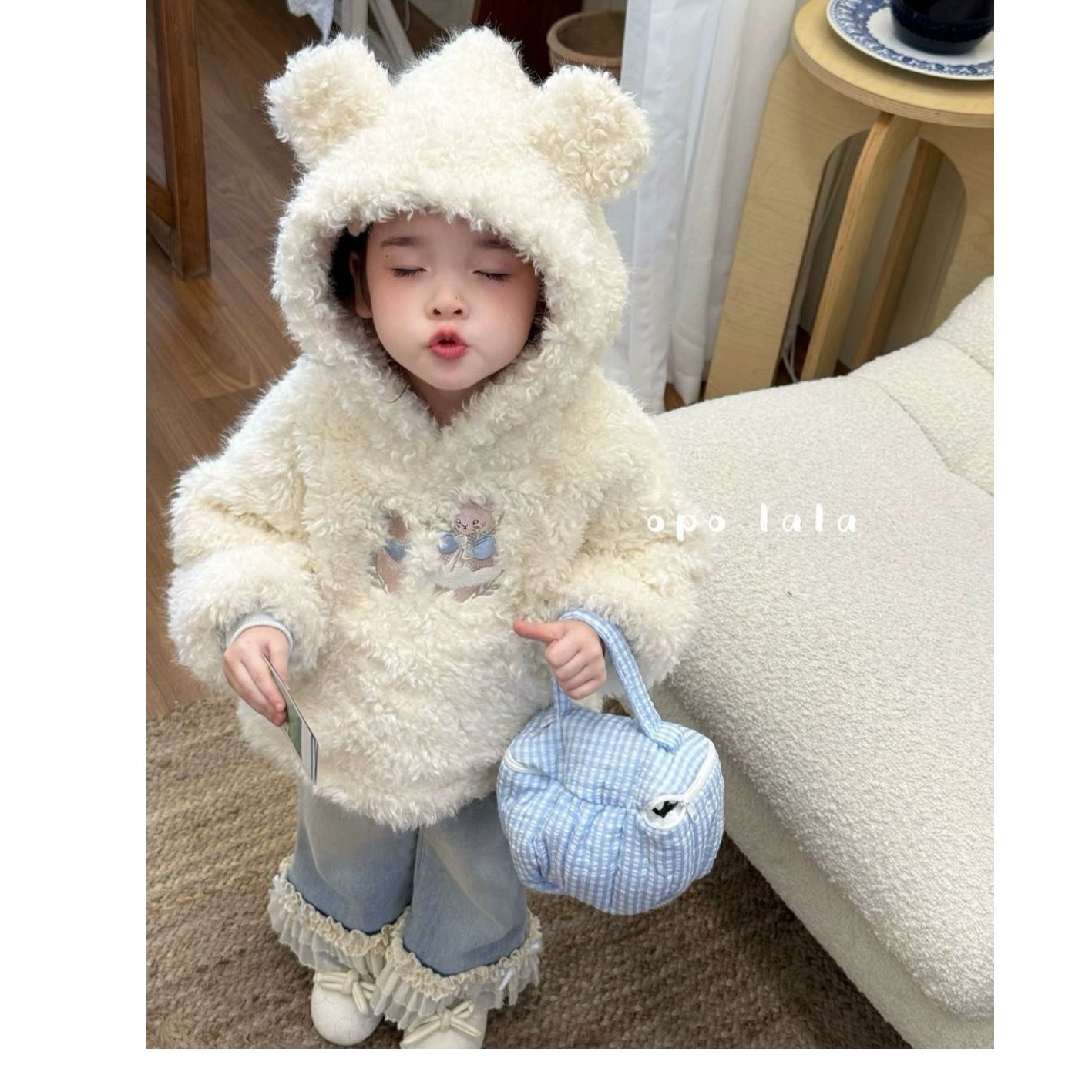 童装2025秋冬季新款女童小童韩版耳朵帽加绒毛毛外套花边牛仔裤