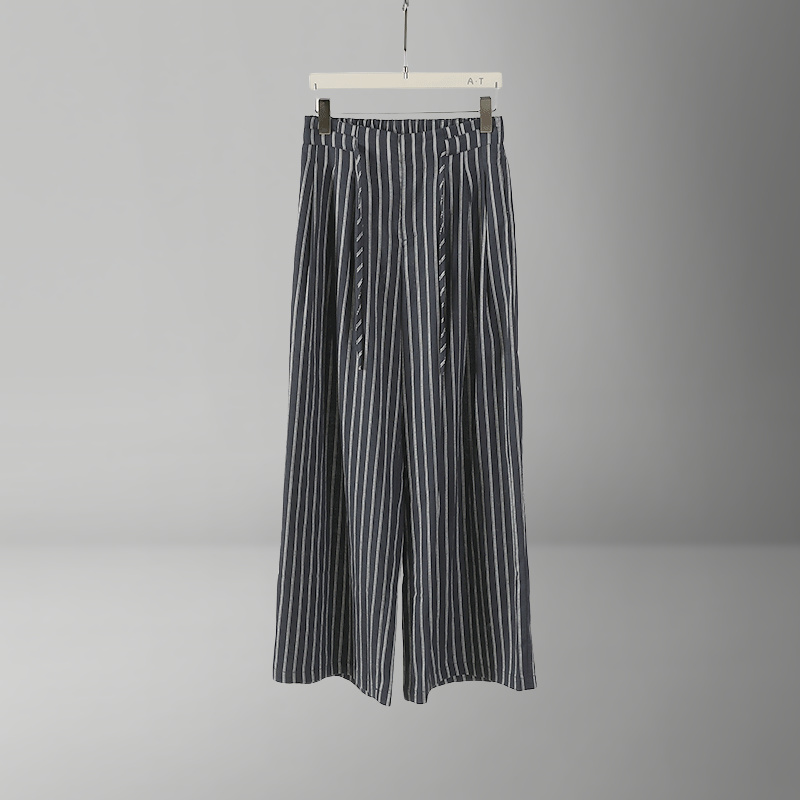 条纹休闲裤夏季阔腿裤褶皱拼接百褶百搭九分裤通勤