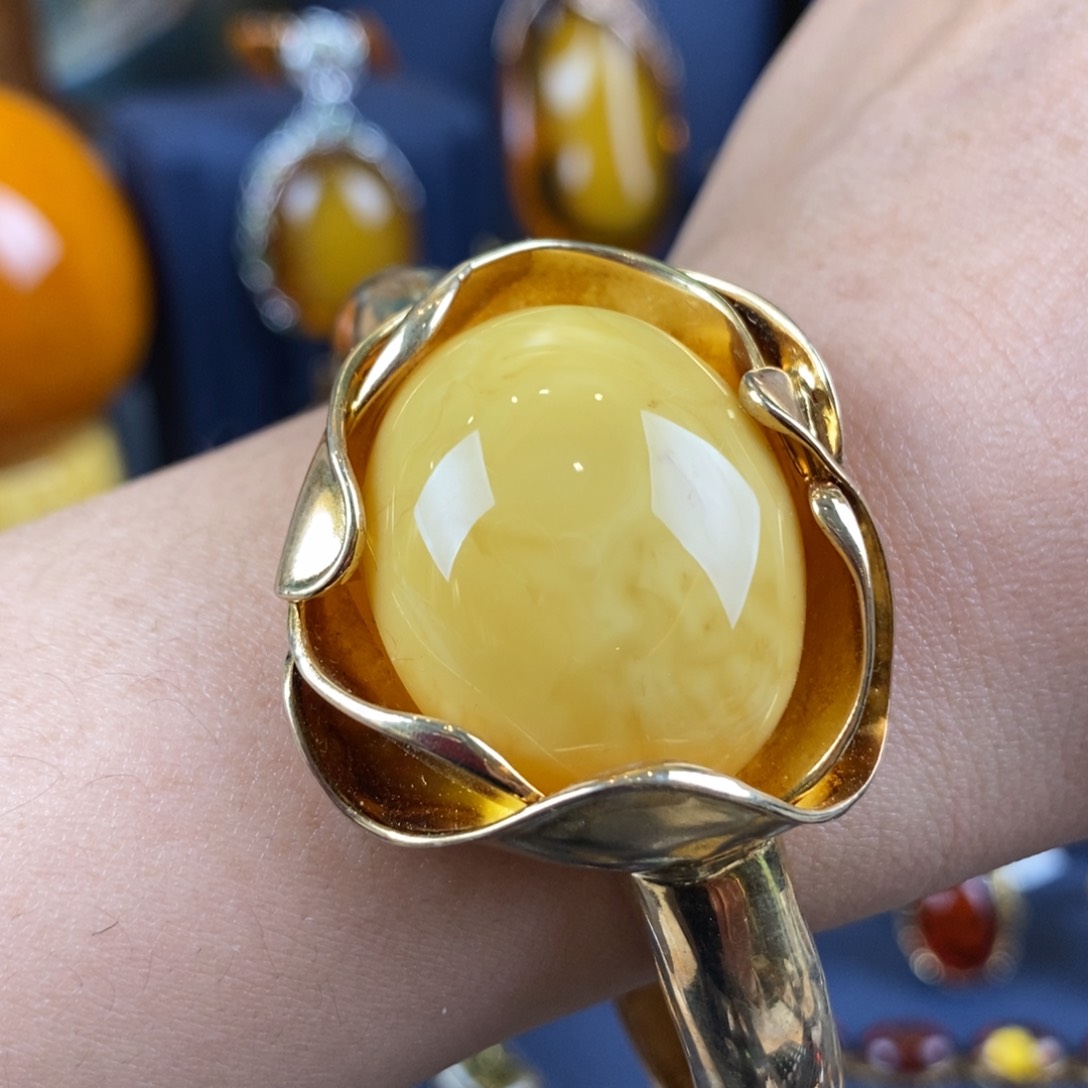 蜜蜡手镯银S925镀金镶嵌