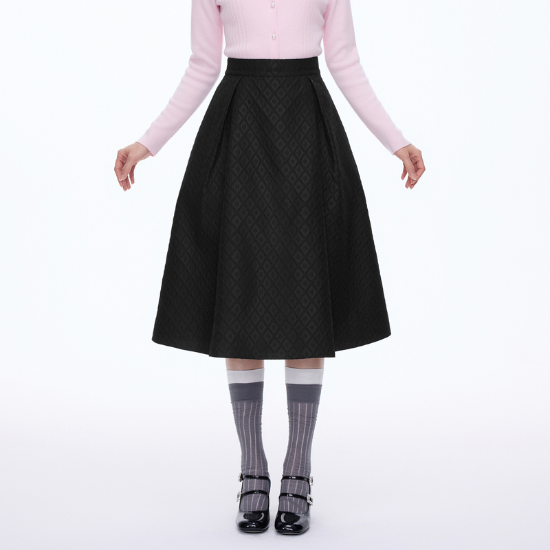 LIME/莱茵优雅立体菱格梭织半裙夜幕黑色LMHADAWSK001