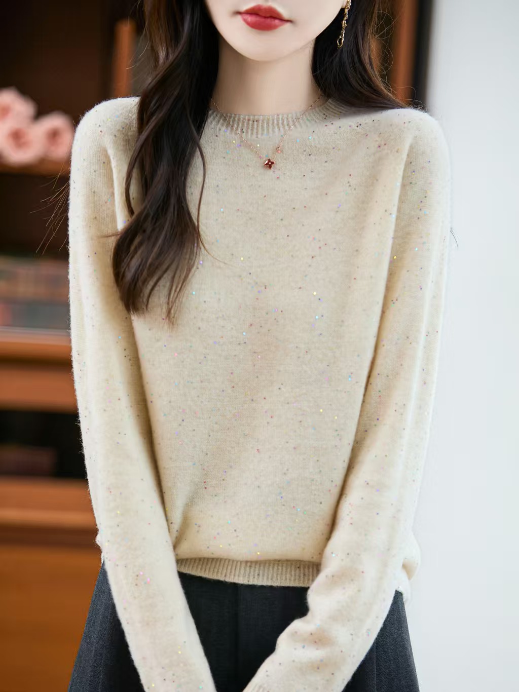 ZM155 100%纯羊毛无缝圆领亮片宽松针织长袖女士时尚百搭