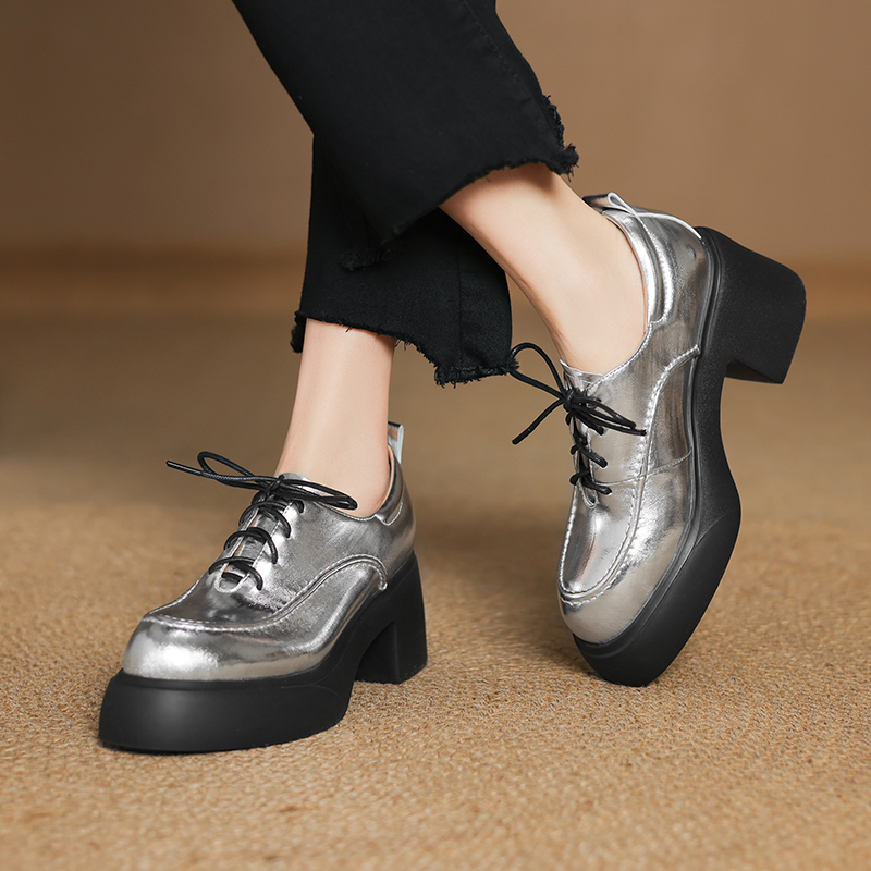 8cm羊皮厚底金属小皮鞋女真皮小个子增高系带松糕鞋轻便百搭单鞋