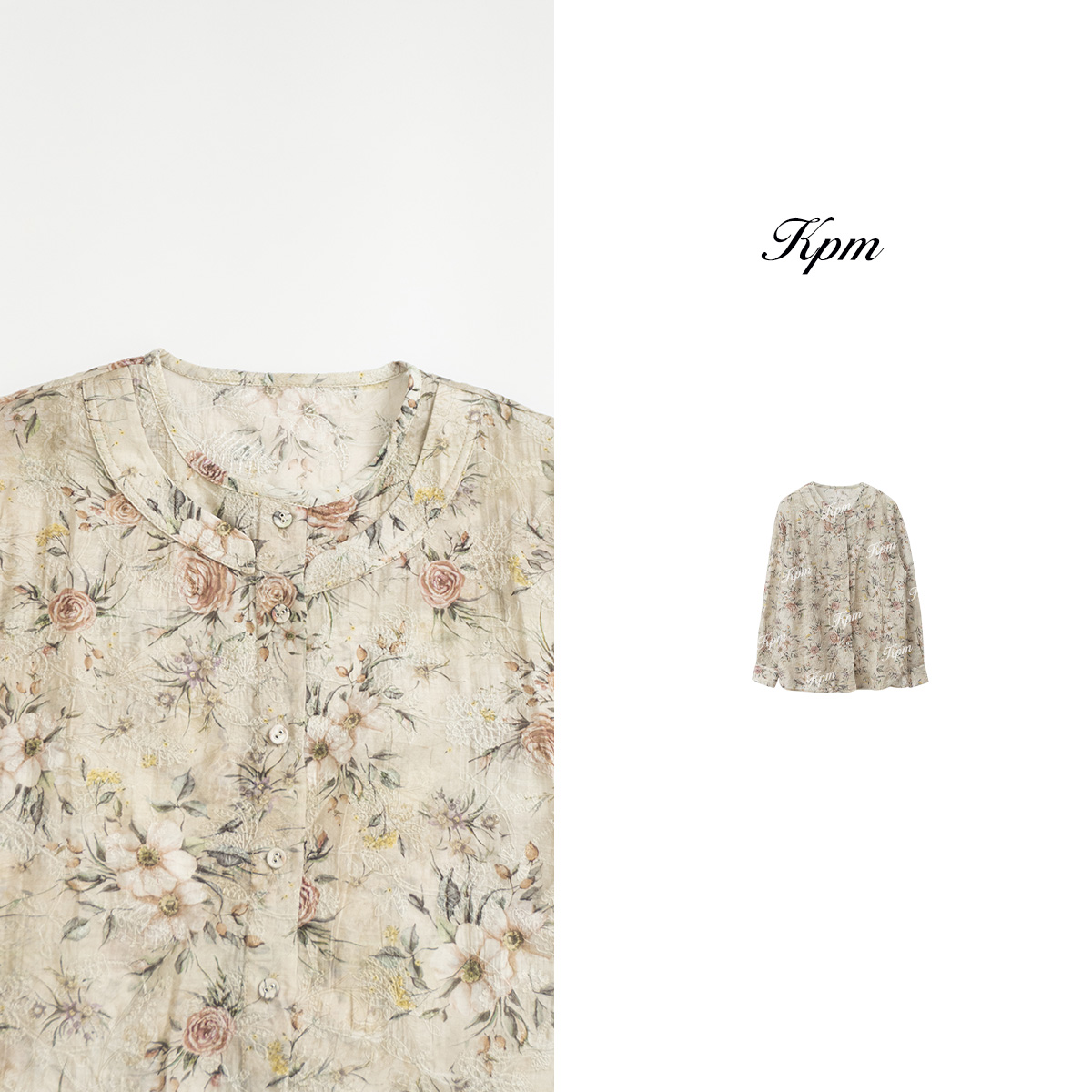 2025早春新款中国风印花提花衬衫修身圆领长袖碎花上衣女JN7026