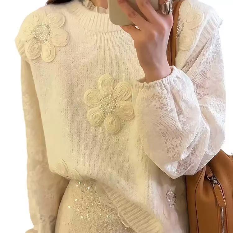 秋冬新款高级感宽松背心上衣重工串珠立体花朵凹凸设计款背心7889