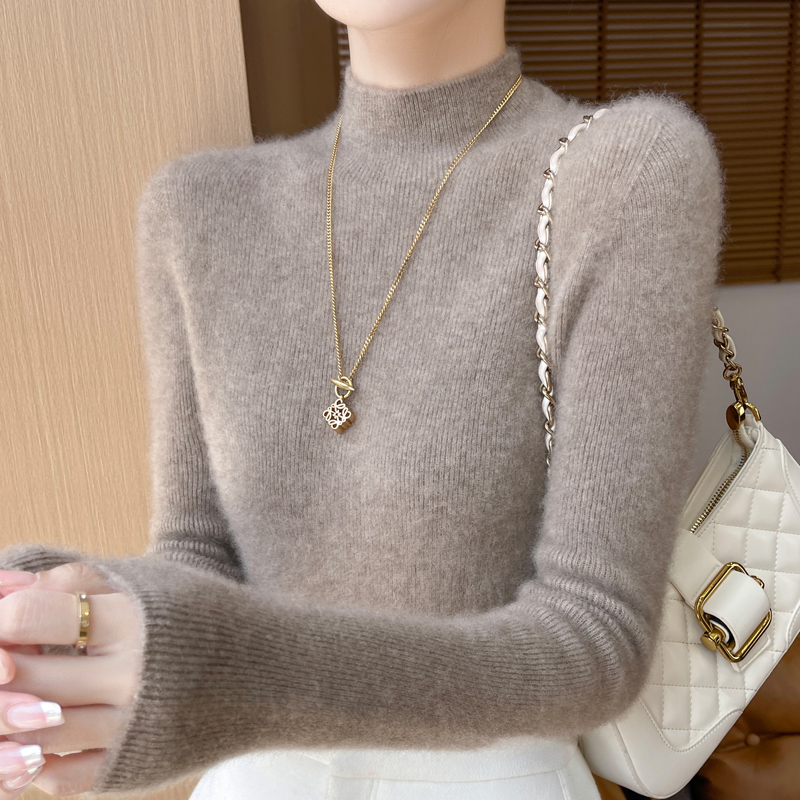 一线成衣100纯羊毛衫女抽条半高领套头修身显瘦针织衫纯色打底衫