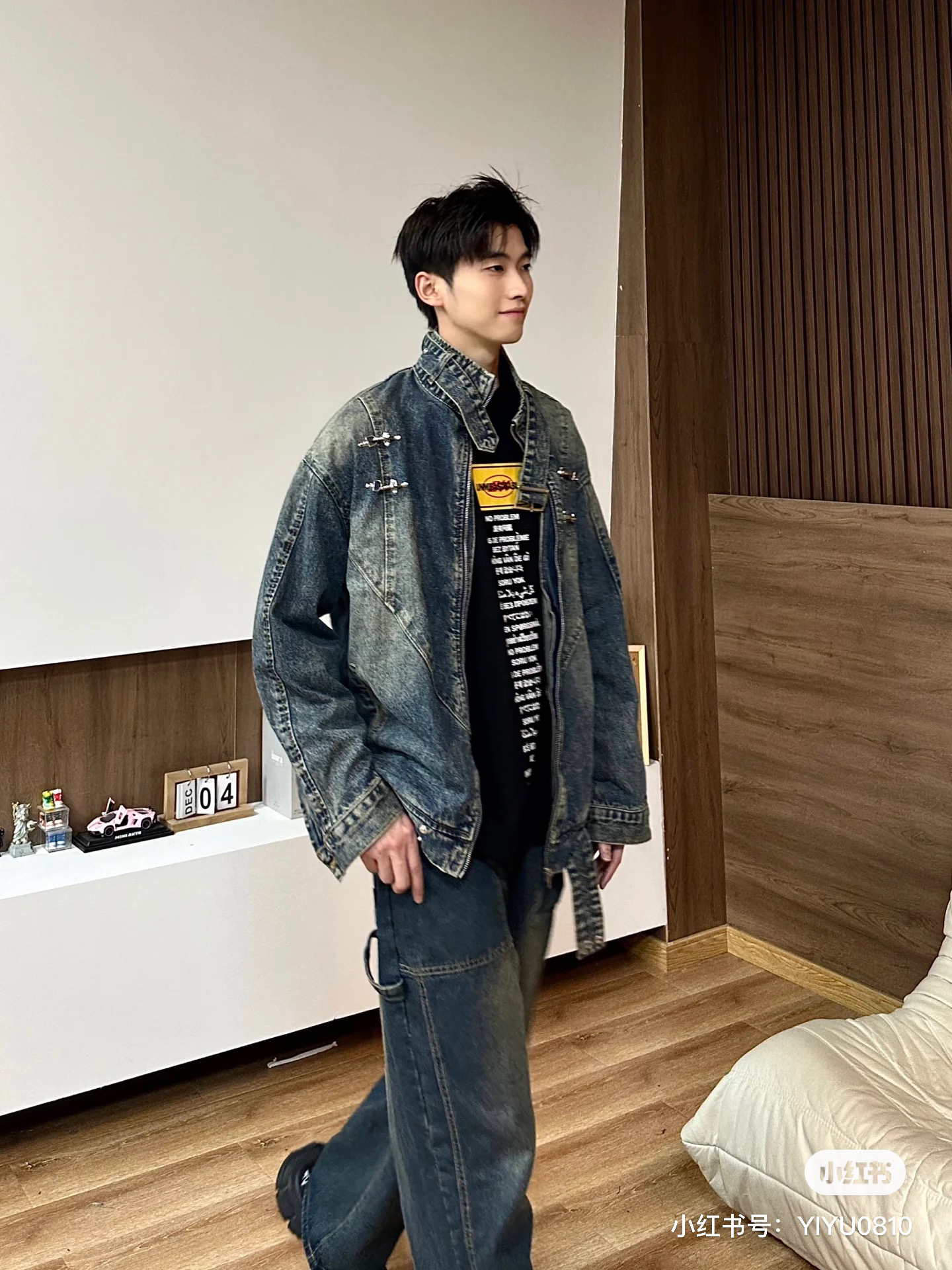 0046美式潮牌废土风灰色宽松百搭高街牛仔夹克痞帅做旧外套男