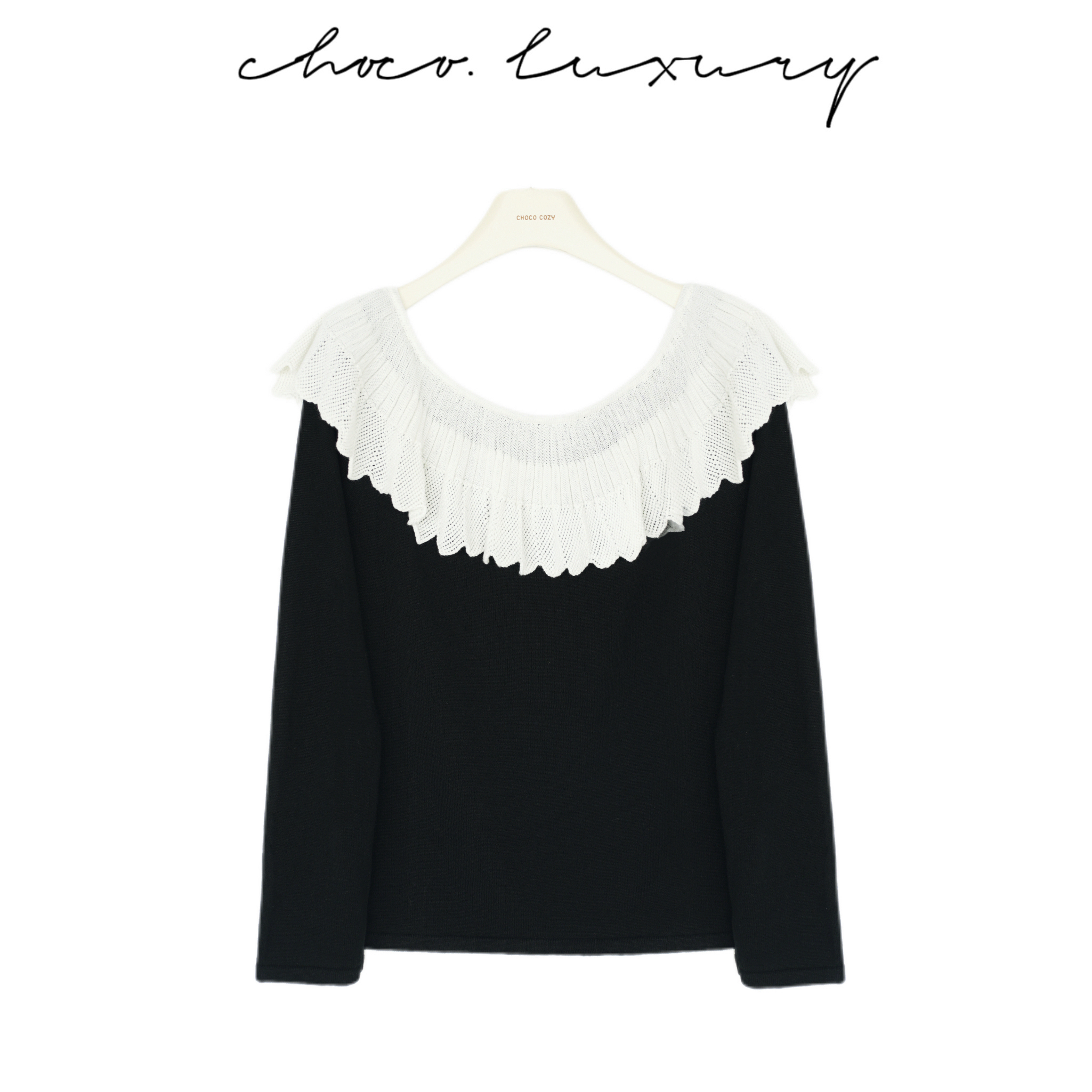 CHOCO【贝莉】荷叶边一字领 设计感羊毛针织衫 C1578