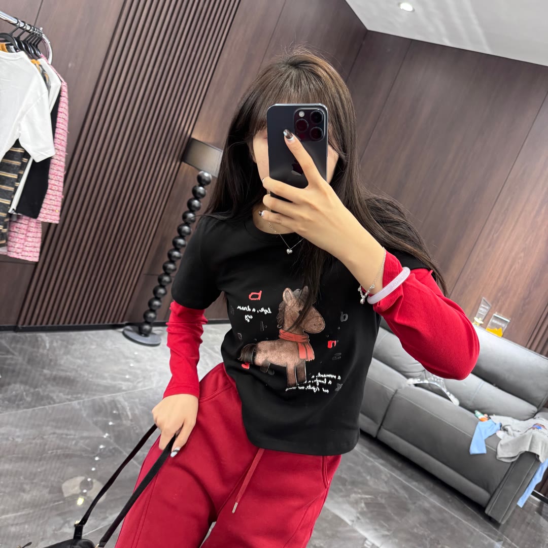 欧货2025韩版卡通小马印花假两件拼接长袖T恤女设计感显瘦打底衫