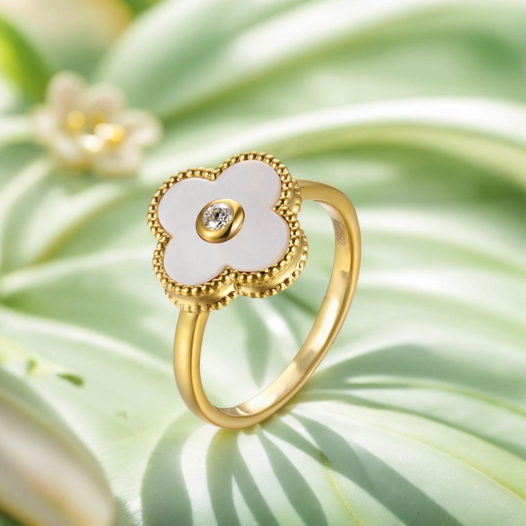 18K金白贝母四叶草戒指 多样性发一件 固定圈口