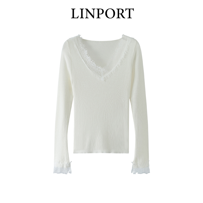【初雪绣暖】秋冬气质时尚百搭V领蕾丝棉羊毛上衣LB251238