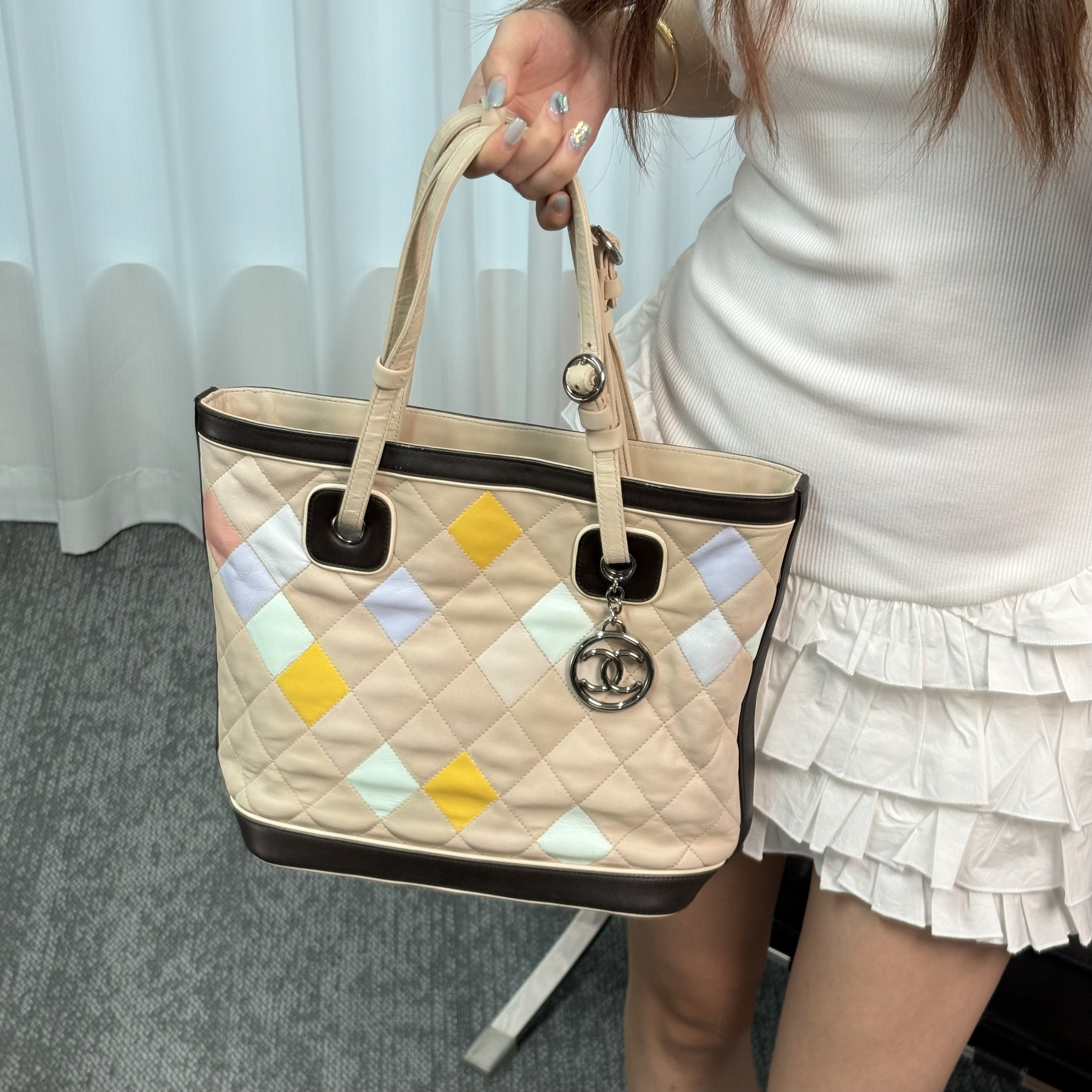 95新 Chanel/香奈儿 拼色菱格手提托特包 sw