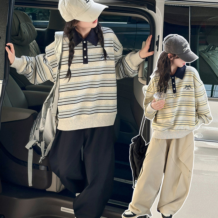 女童秋季卫衣2025新款韩版洋气条纹Polo衫大童儿童百搭休闲打底衫