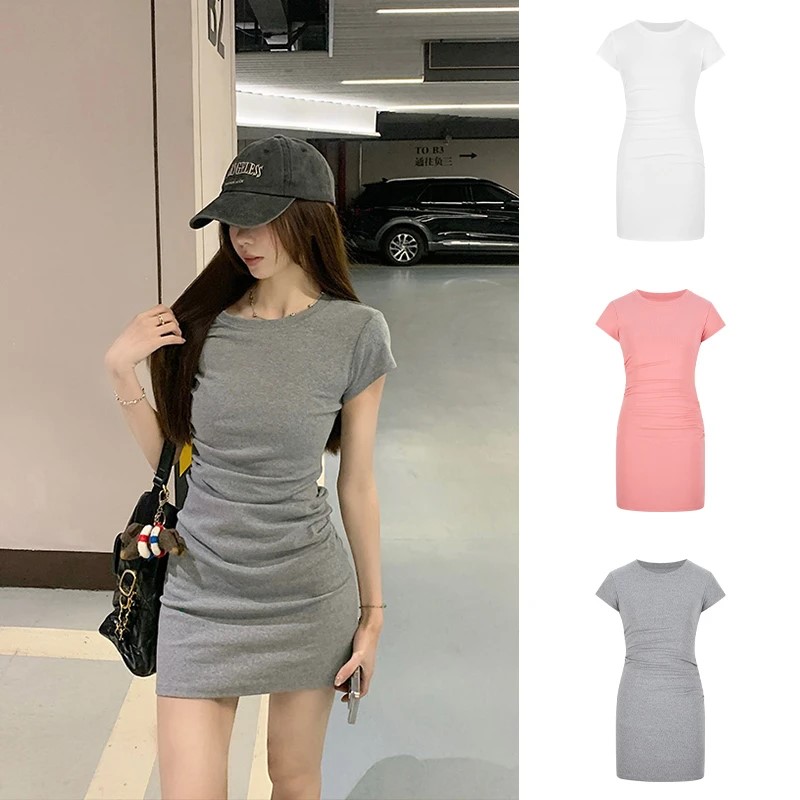 新款灰色褶皱修身连衣裙女修身显瘦内搭包臀A字短裙圆领连衣裙女