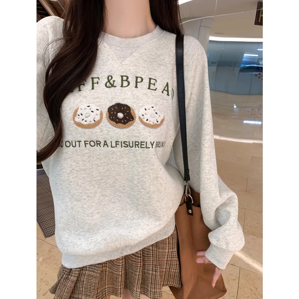 学院风美式独特宽松长袖卫衣女秋冬季新款甜甜圈刺绣慵懒套头上衣