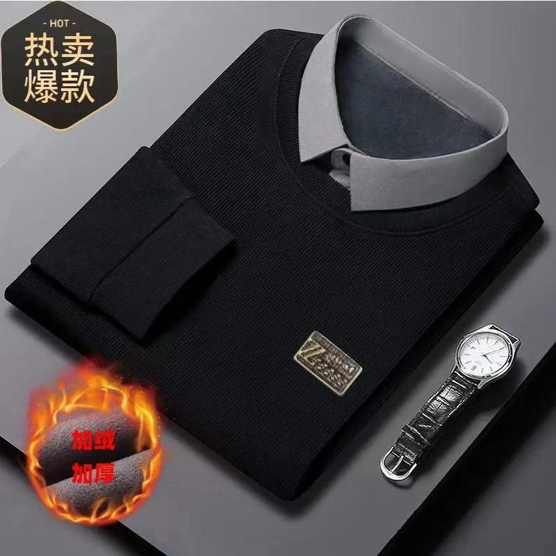 冬季新款加绒加厚圆领假两件长袖t恤时尚保暖休闲针织打底衫