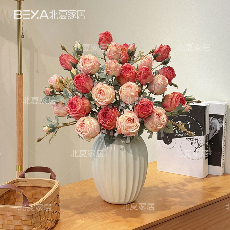 复古焦边玫瑰花样年华仿真花束高档软装客厅插花摆设装饰