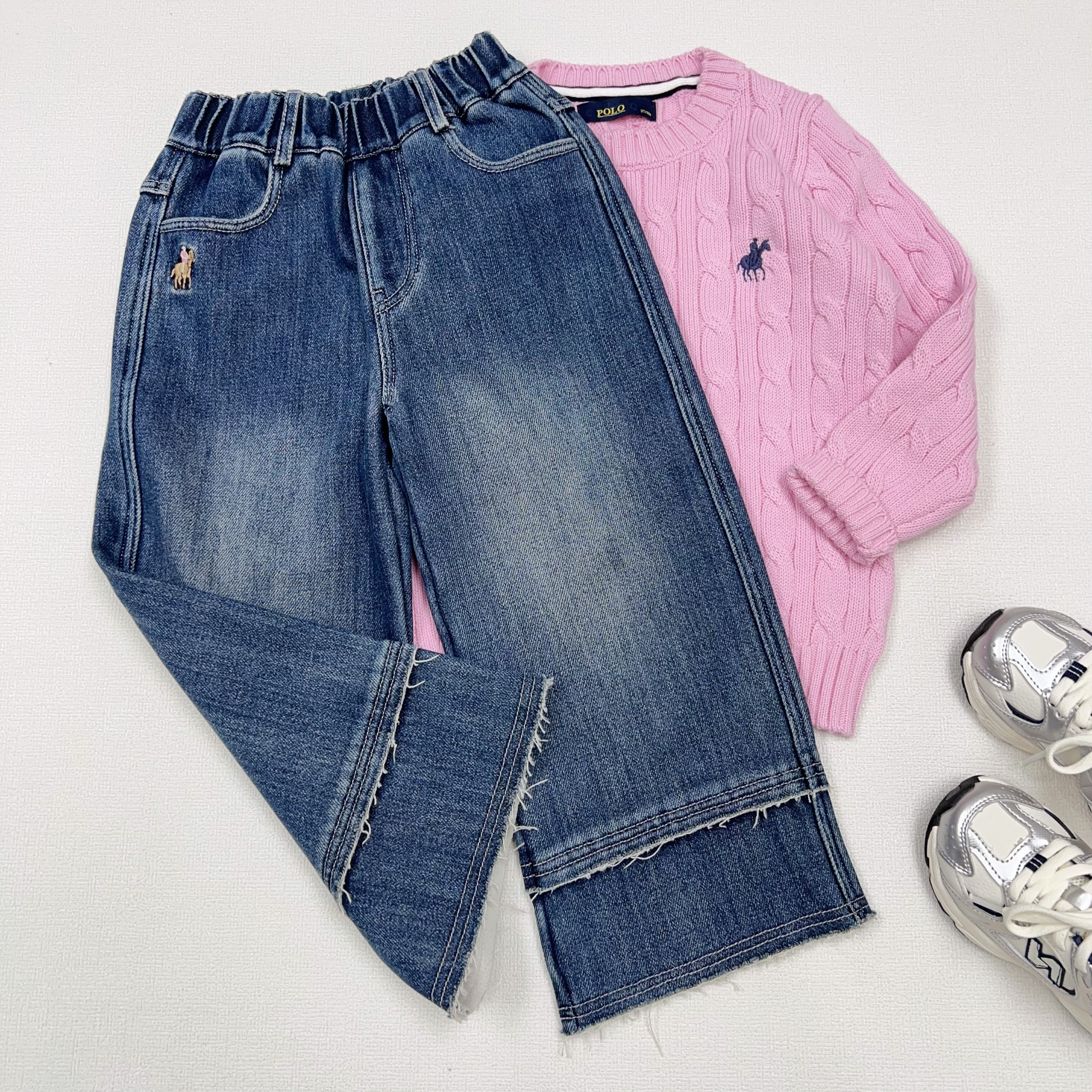 新款冬款加绒加厚中大童松紧腰牛仔阔腿裤简单舒适百搭女童长裤