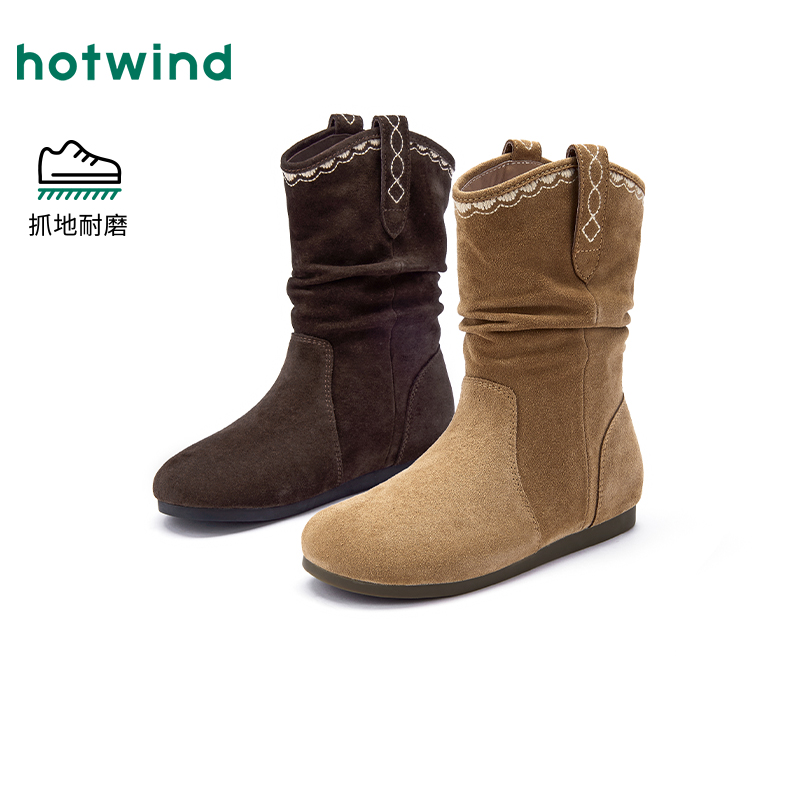 热风2025年冬季新款女士时装靴女靴秋冬平底中筒长筒H82W25419