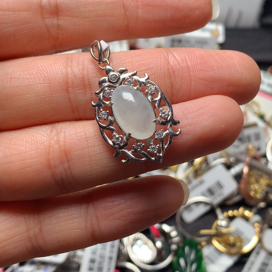 翡翠戒指银S925镶嵌天然翡翠吊坠