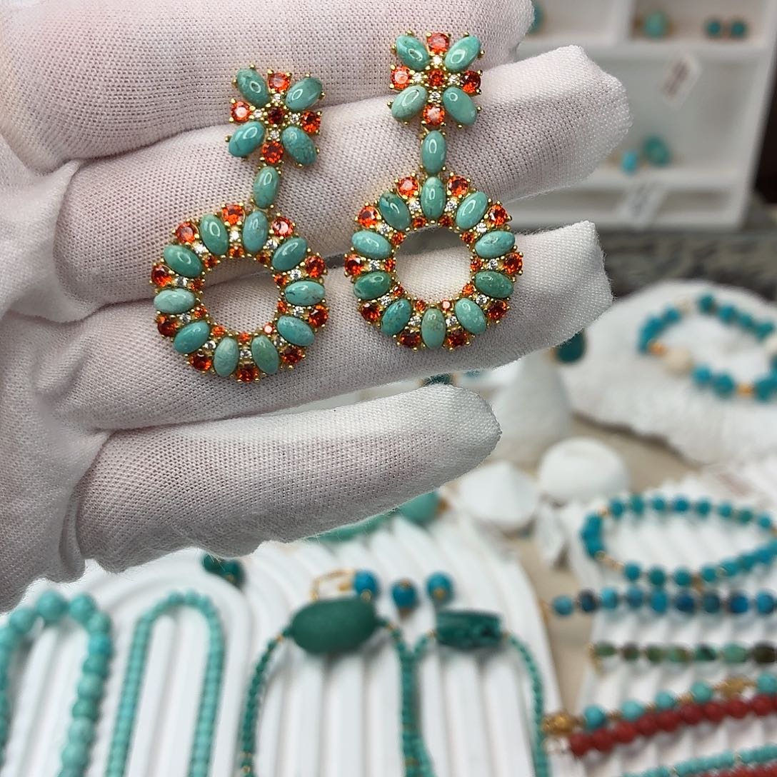 银S925镀金镶嵌绿松石耳环