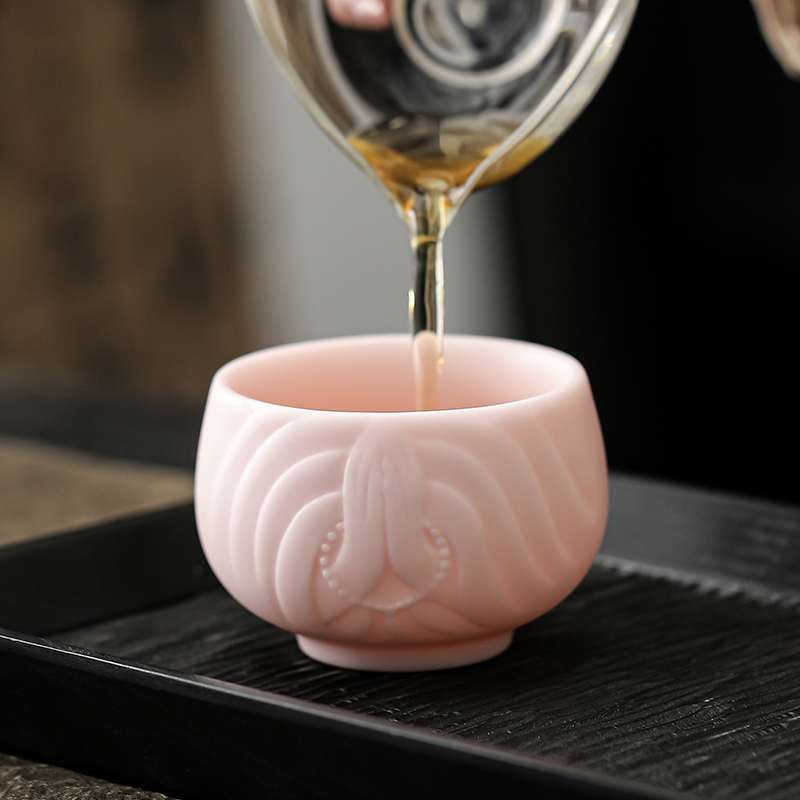 吾游茶器粉色冰种玉瓷佛手杯礼盒装家用茶具茶杯
