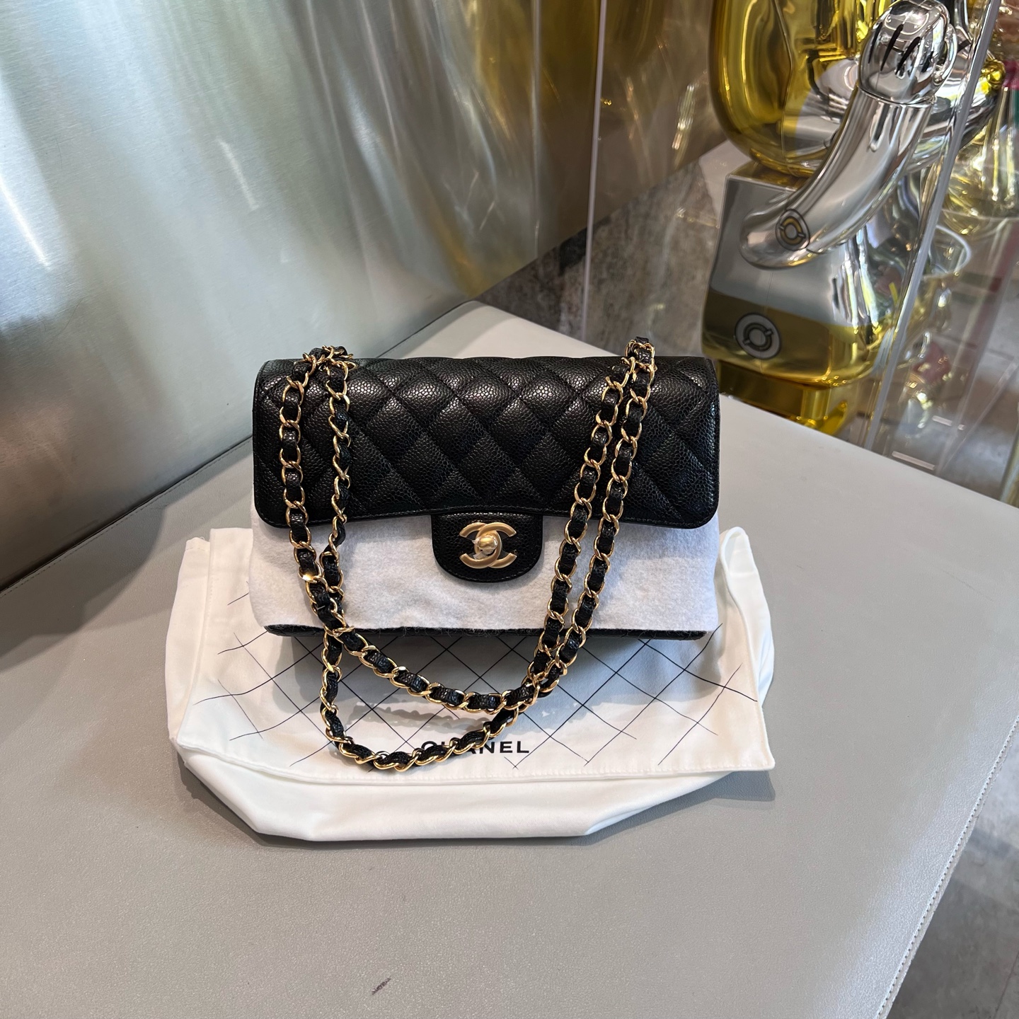 99新 Chanel/香奈儿 黑金荔枝纹牛皮小号CF口盖包单肩斜挎包