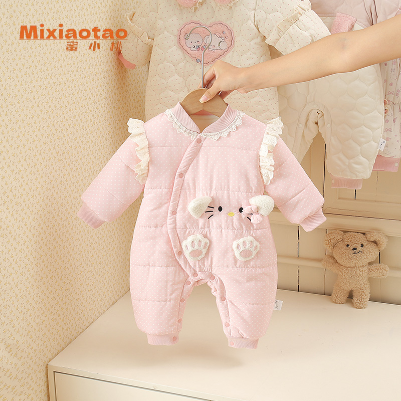 冬款夹棉粉色猫爪婴儿幼儿宝宝加厚连体衣哈衣闭档新生儿衣服外套