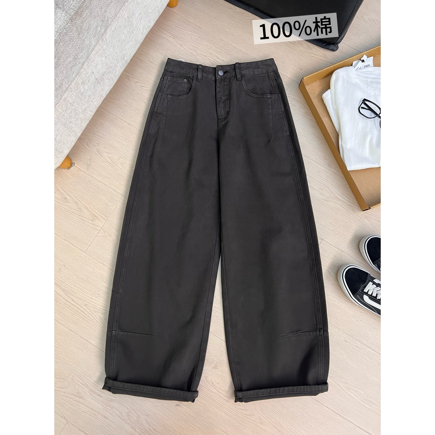 H8阔腿牛仔裤女秋冬季新款水洗棉韩版高腰宽松百搭显瘦直筒拖地裤